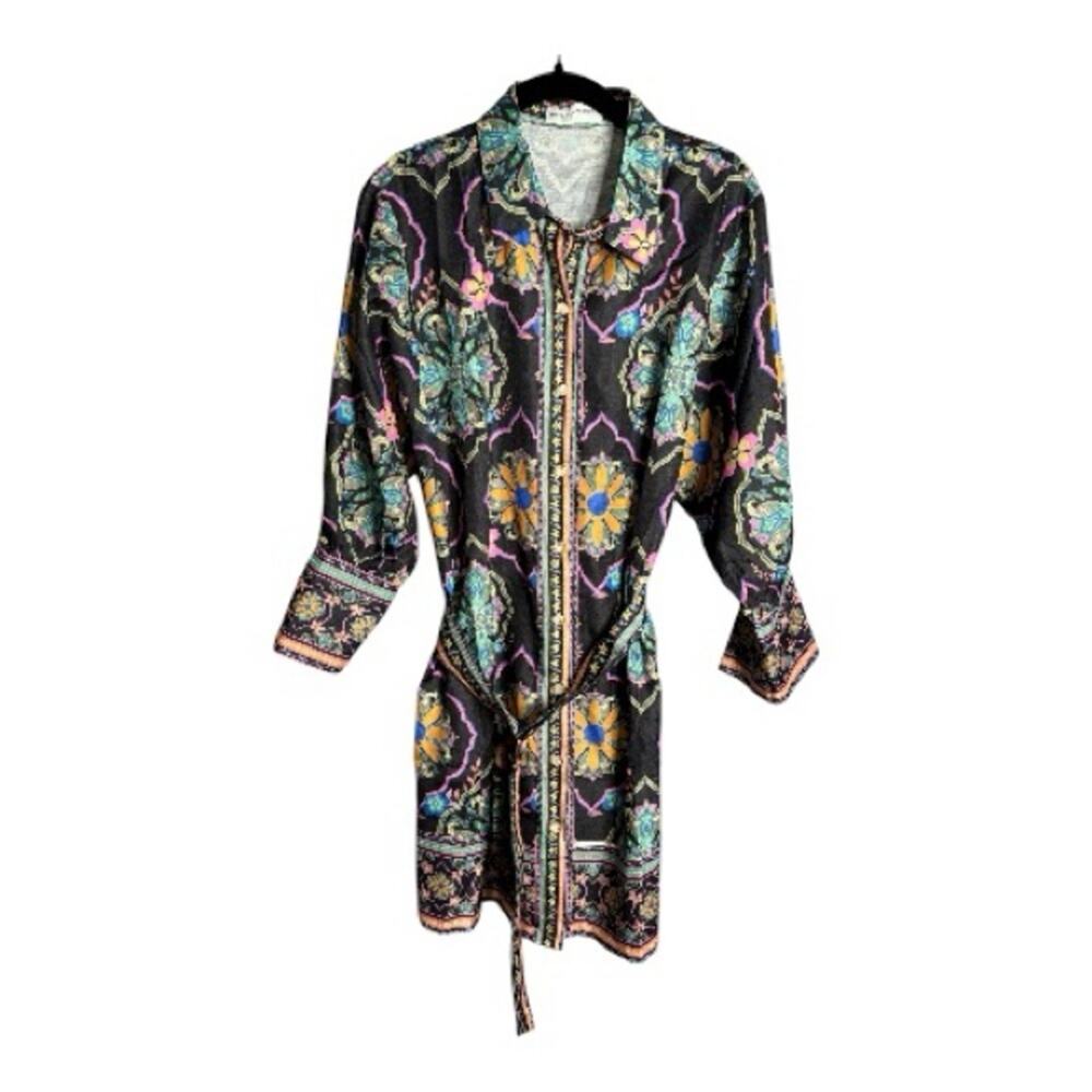 White Sandstorm by Billy J Black Pink Long Sleeve Belted Shirt Dress Size Medium